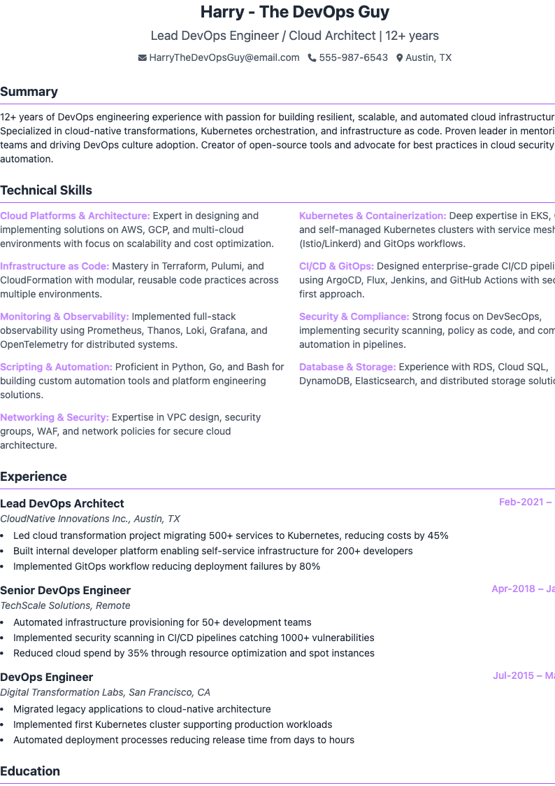 Compact DevOps Resume Preview